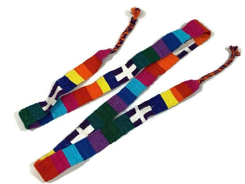 Guatemalan Hand Woven Belt. Bright Turquoise & Assorted Color Braided Tassel Ends. 1.25 Inch Wide x 46 Inch Long Cotton Sash, Strap Textile.