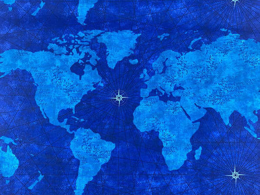 Vintage World Map Print Fabric Royal Blue & Turquoise
