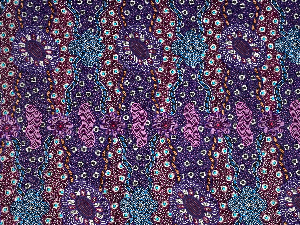 Australian Aboriginal Cotton Quilting Fabric by the YARD. M&S Textiles Lillup Dreaming Purple. For sweing, quilting, apparel, home décor.