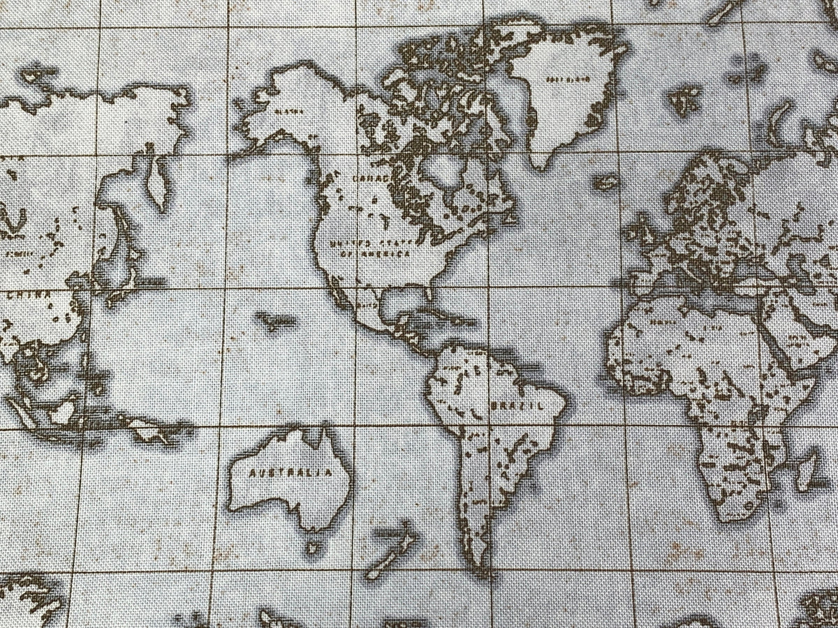 World Map Print Fabric by the Yard. World Globe Seven Seas by Windham Fabric Travel Print in Gray/Tan. 100% Cotton for Quilting, Home Décor.