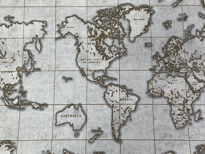 World Map Print Fabric by the Yard. World Globe Seven Seas by Windham Fabric Travel Print in Gray/Tan. 100% Cotton for Quilting, Home Décor.