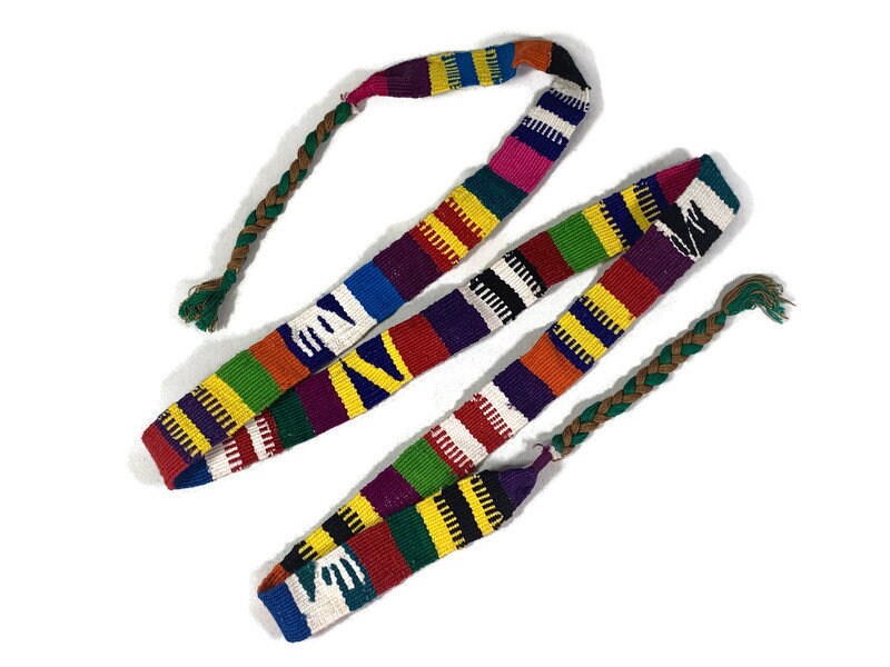 Guatemalan Hand Woven Belt--Rainbow Assorted Color Braided Tassel Ends. 1 Inch Wide x 46 Inch Long Cotton Mayan Toto Sash, Strap Textile.