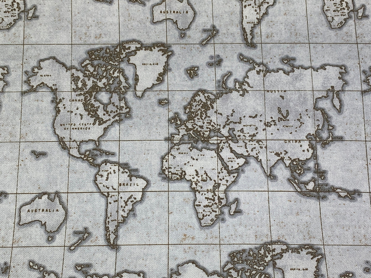 World Map Print Fabric by the Yard. World Globe Seven Seas by Windham Fabric Travel Print in Gray/Tan. 100% Cotton for Quilting, Home Décor.