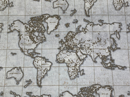 World Map Print Fabric by the Yard. World Globe Seven Seas by Windham Fabric Travel Print in Gray/Tan. 100% Cotton for Quilting, Home Décor.