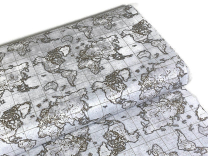 World Map Print Fabric by the Yard. World Globe Seven Seas by Windham Fabric Travel Print in Gray/Tan. 100% Cotton for Quilting, Home Décor.