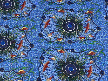 Australian Aboriginal Cotton Quilting Fabric by the YARD. M&S Textiles Yeerung Blue featuring Original Australian Aboriginal Art Design
