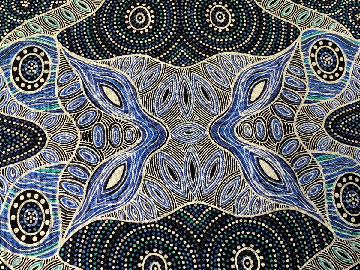 Australian Aboriginal Cotton Quilting Fabric by the YARD. M&S Textiles Regeneration Blue featuring Original Australian Aboriginal Art Design