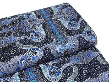 Australian Aboriginal Cotton Quilting Fabric by the YARD. M&S Textiles Regeneration Blue featuring Original Australian Aboriginal Art Design