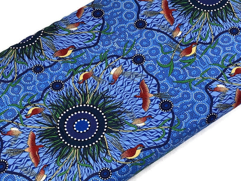 Australian Aboriginal Cotton Quilting Fabric by the YARD. M&S Textiles Yeerung Blue featuring Original Australian Aboriginal Art Design