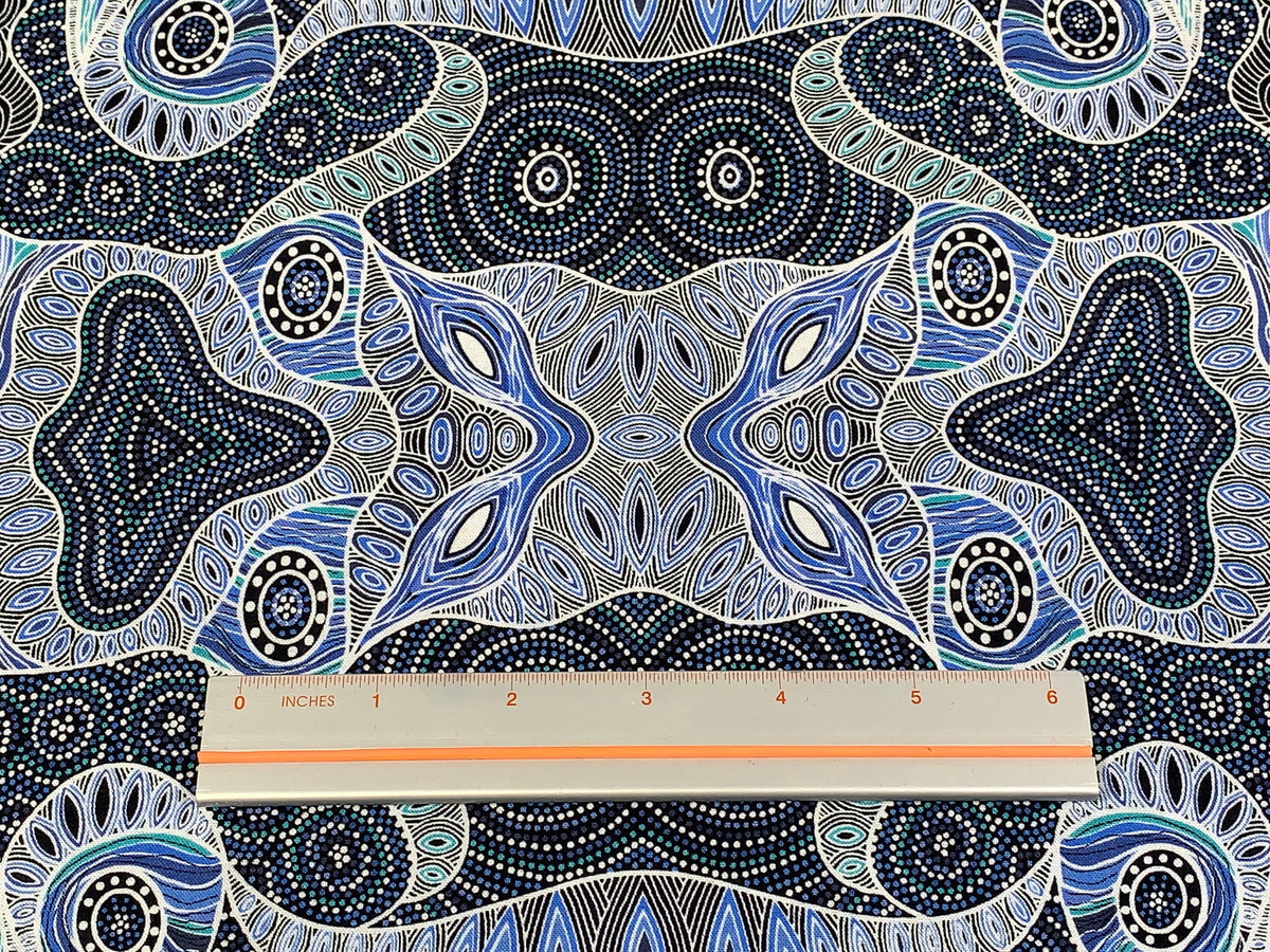 Australian Aboriginal Cotton Quilting Fabric by the YARD. M&S Textiles Regeneration Blue featuring Original Australian Aboriginal Art Design