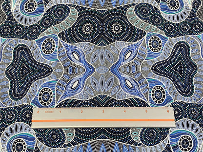 Australian Aboriginal Cotton Quilting Fabric by the YARD. M&S Textiles Regeneration Blue featuring Original Australian Aboriginal Art Design