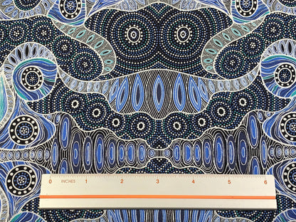 Australian Aboriginal Cotton Quilting Fabric by the YARD. M&S Textiles Regeneration Blue featuring Original Australian Aboriginal Art Design