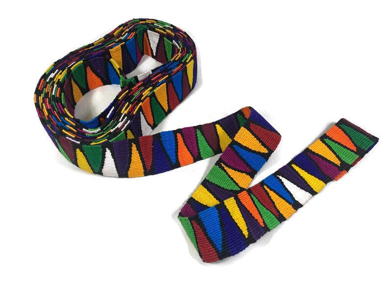 Hand Woven 2 Inch Extra Wide Guatemalan Belt, Purse Strap, Sash by the YARD. 100% Cotton Mayan Toto Belt Textile in Rainbow/Black Triangles