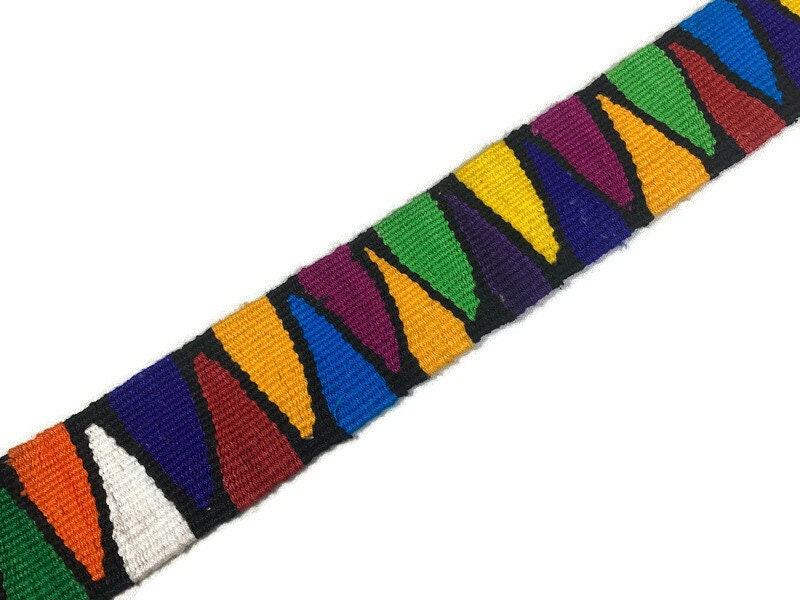 Hand Woven 2 Inch Extra Wide Guatemalan Belt, Purse Strap, Sash by the YARD. 100% Cotton Mayan Toto Belt Textile in Rainbow/Black Triangles