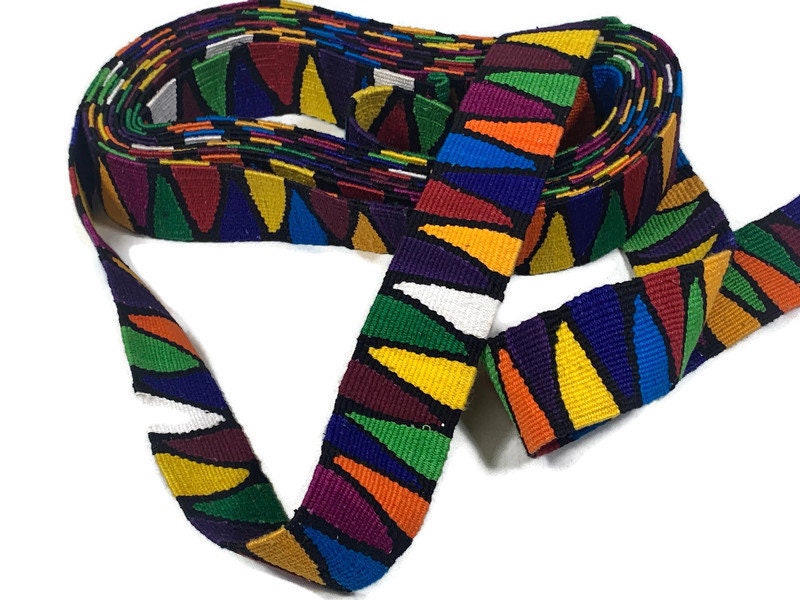 Hand Woven 2 Inch Extra Wide Guatemalan Belt, Purse Strap, Sash by the YARD. 100% Cotton Mayan Toto Belt Textile in Rainbow/Black Triangles