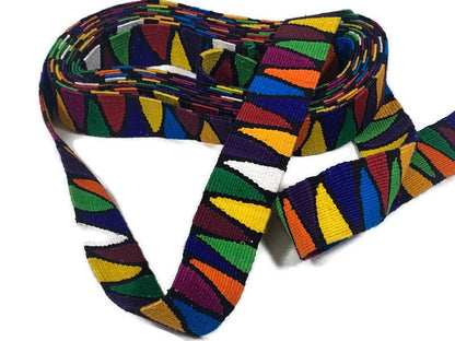 Hand Woven 2 Inch Extra Wide Guatemalan Belt, Purse Strap, Sash by the YARD. 100% Cotton Mayan Toto Belt Textile in Rainbow/Black Triangles
