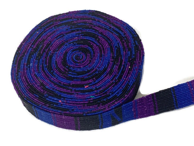 Hand Woven 1.25 Inch Wide Guatemalan Belt, Purse Strap, Sash Sold by the YARD. Cotton Mayan Toto Belt Textile in Purple, Royal Blue, Black.