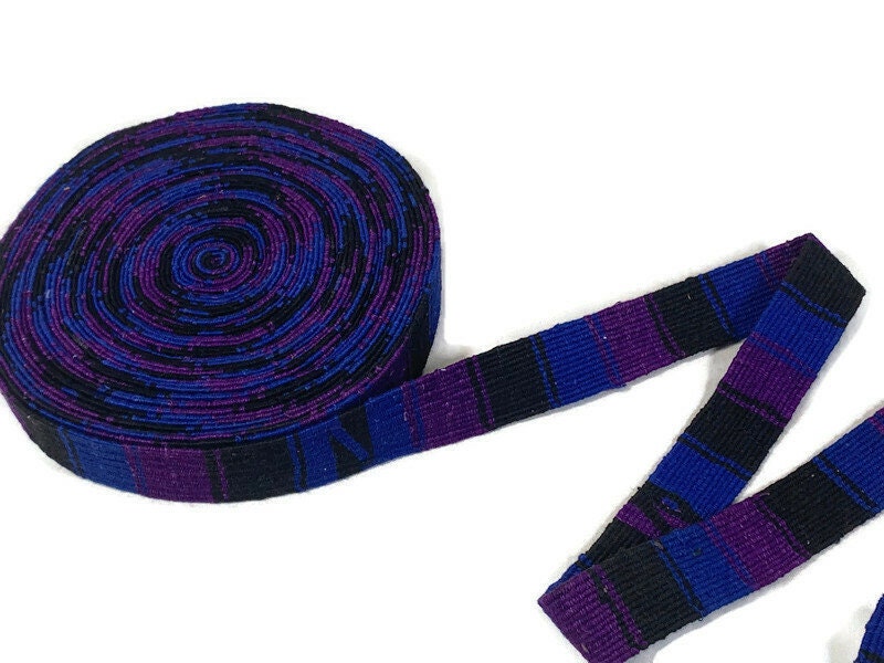 Hand Woven 1.25 Inch Wide Guatemalan Belt, Purse Strap, Sash Sold by the YARD. Cotton Mayan Toto Belt Textile in Purple, Royal Blue, Black.
