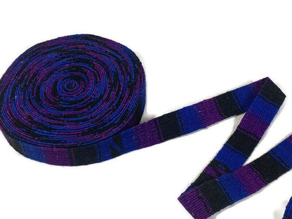 Hand Woven 1.25 Inch Wide Guatemalan Belt, Purse Strap, Sash Sold by the YARD. Cotton Mayan Toto Belt Textile in Purple, Royal Blue, Black.