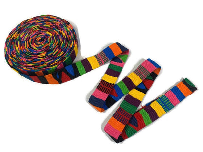 Hand Woven 1.25 Inch Wide Guatemalan Belt, Purse Strap, Sash Sold by the YARD. Cotton Mayan Toto Belt Textile in Rainbow Stripe NO WHITE
