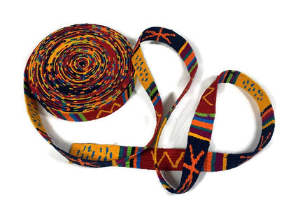 HandWoven 1.25" Wide Guatemalan Belt, Purse Strap, Sash, Trim Sold by the YARD. Cotton Mayan Toto Belt Gold & Red Extra Fancy Weave No White
