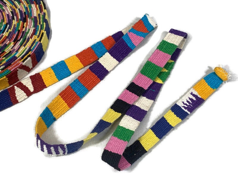 Hand Woven 3/4 Inch Wide Guatemalan Belt, Purse Strap, Sash Sold by the YARD. Cotton Mayan Toto Belt Textile in Assorted Color Mini Blocks