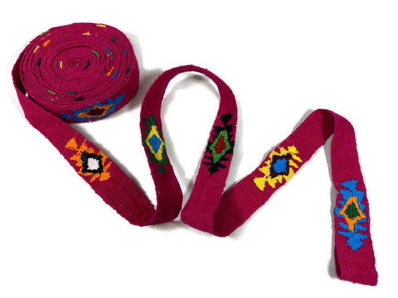 Hand Woven 1.25 Inch Wide Guatemalan Belt, Purse Strap, Sash, Trim Sold by the YARD. Cotton Mayan Toto Belt Pink Starburst Assorted Colors