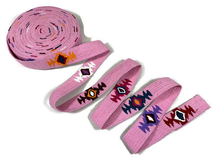 Hand Woven 1.25 Inch Wide Guatemalan Belt, Strap, Sash, Trim Sold by the YARD. Cotton Mayan Toto Belt Light Pink Starburst Assorted Colors