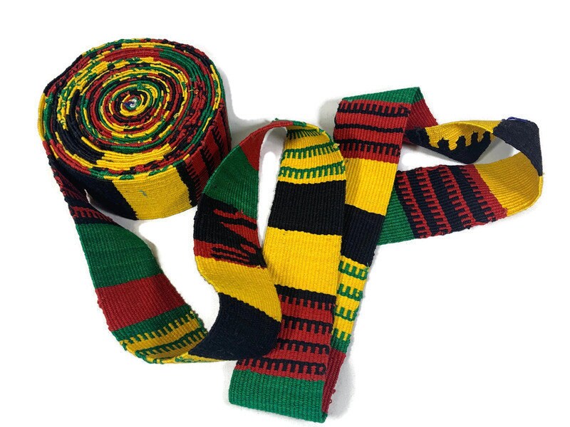 Hand Woven 2.25 Inch Extra Wide Guatemalan Belt, Purse Strap, Sash by the YARD. Cotton Mayan Toto Belt Rasta Colors Red/Green/Yellow/Black