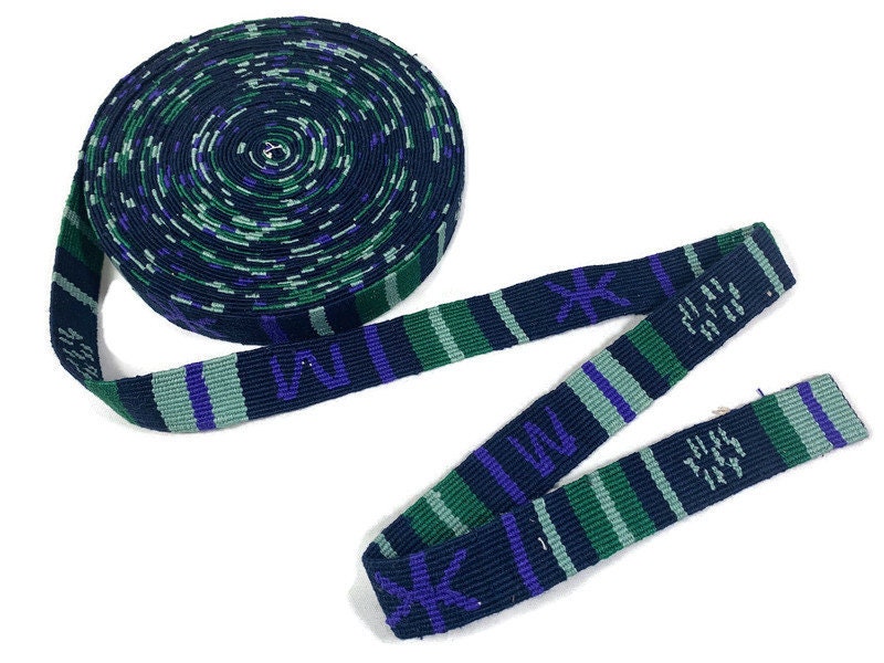 Hand Woven 1 Inch Wide Guatemalan Belt, Purse Strap, Sash Sold by the YARD. Cotton Mayan Toto Belt Textile in Green, Purple, Navy Blue, Sage