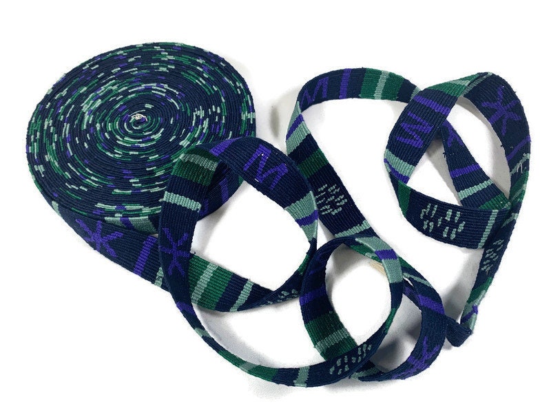 Hand Woven 1 Inch Wide Guatemalan Belt, Purse Strap, Sash Sold by the YARD. Cotton Mayan Toto Belt Textile in Green, Purple, Navy Blue, Sage