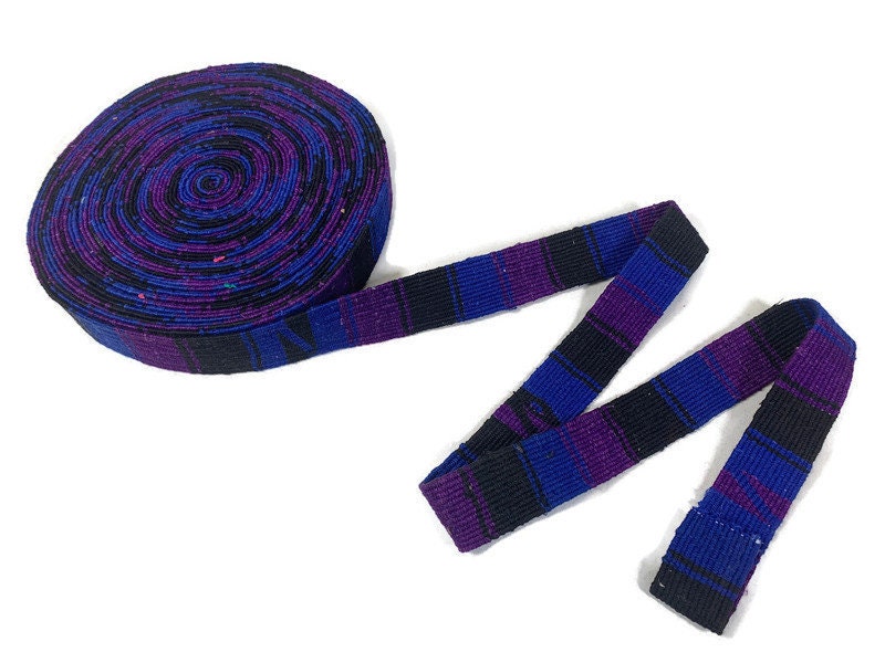 Hand Woven 1.25 Inch Wide Guatemalan Belt, Purse Strap, Sash Sold by the YARD. Cotton Mayan Toto Belt Textile in Purple, Royal Blue, Black.