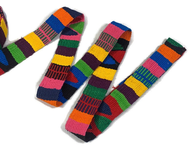 Hand Woven 1.25 Inch Wide Guatemalan Belt, Purse Strap, Sash Sold by the YARD. Cotton Mayan Toto Belt Textile in Rainbow Stripe NO WHITE