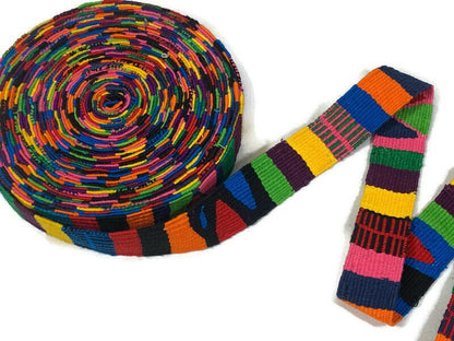 Hand Woven 1.25 Inch Wide Guatemalan Belt, Purse Strap, Sash Sold by the YARD. Cotton Mayan Toto Belt Textile in Rainbow Stripe NO WHITE
