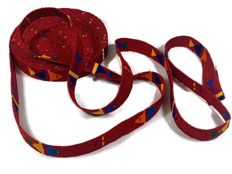 Hand Woven 1 Inch Wide Guatemalan Belt, Purse Strap, Sash, Trim Sold by the YARD. Cotton Mayan Toto Belt Red Tropical Fish Extra Fancy Weave