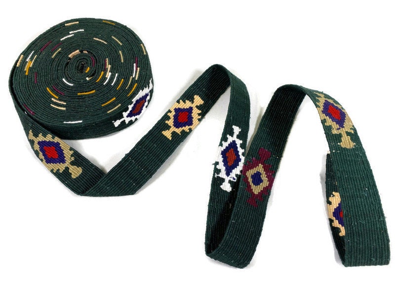 Hand Woven 1.25 Inch Wide Guatemalan Belt, Purse Strap, Sash, Trim Sold by the YARD. Cotton Mayan Toto Belt Green Starburst Assorted Colors