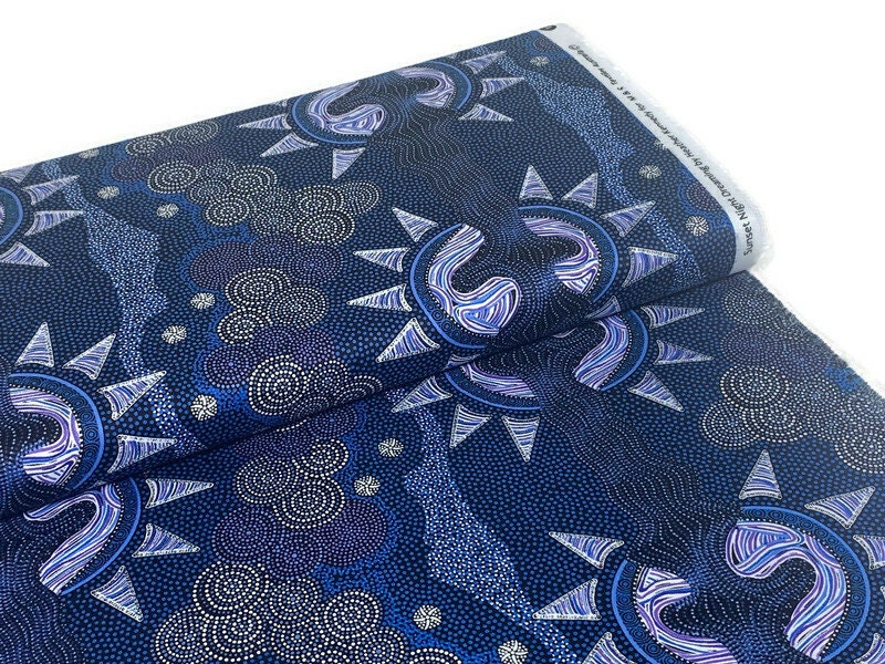 Australian Aboriginal Cotton Quilting Fabric by the YARD.  M&S Textiles Sunset Night Dreaming Blue. 100% Cotton Aboriginal Art Design Print