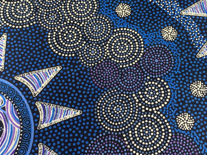 Australian Aboriginal Cotton Quilting Fabric by the YARD.  M&S Textiles Sunset Night Dreaming Blue. 100% Cotton Aboriginal Art Design Print