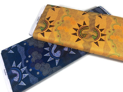 Australian Aboriginal Cotton Quilting Fabric by the YARD.  M&S Textiles Sunset Night Dreaming Blue. 100% Cotton Aboriginal Art Design Print