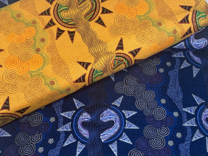 Australian Aboriginal Cotton Quilting Fabric by the YARD.  M&S Textiles Sunset Night Dreaming Blue. 100% Cotton Aboriginal Art Design Print