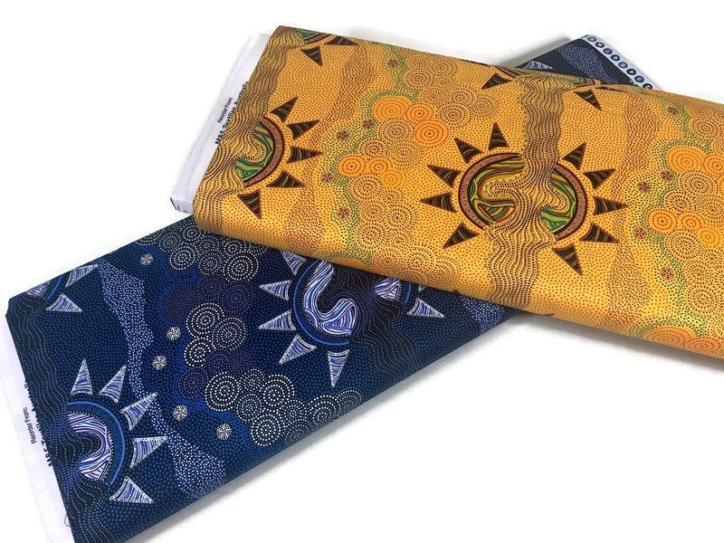 Australian Aboriginal Cotton Quilting Fabric by the YARD.  M&S Textiles Sunset Night Dreaming Gold. 100% Cotton Aboriginal Art Design Print