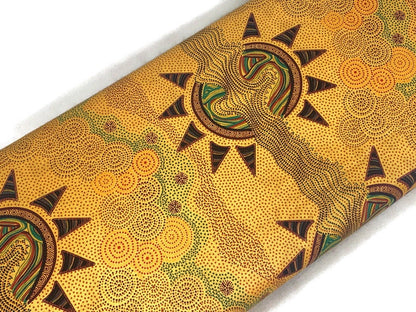 Australian Aboriginal Cotton Quilting Fabric by the YARD.  M&S Textiles Sunset Night Dreaming Gold. 100% Cotton Aboriginal Art Design Print