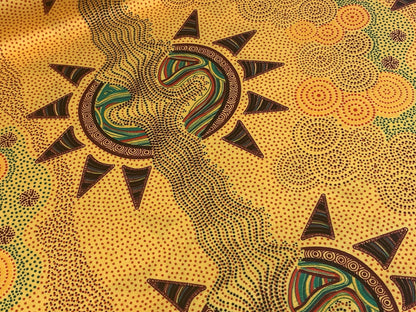 Australian Aboriginal Cotton Quilting Fabric by the YARD.  M&S Textiles Sunset Night Dreaming Gold. 100% Cotton Aboriginal Art Design Print