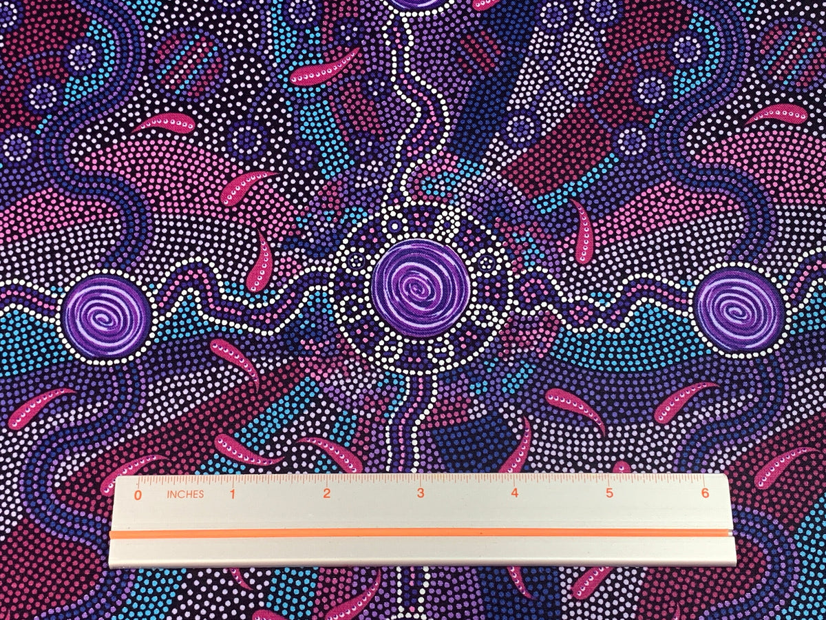 Australian Aboriginal Cotton Quilting Fabric by the YARD.  M&S Textiles Roaring Forties Purple. 100% Cotton Aboriginal Art Design Print.