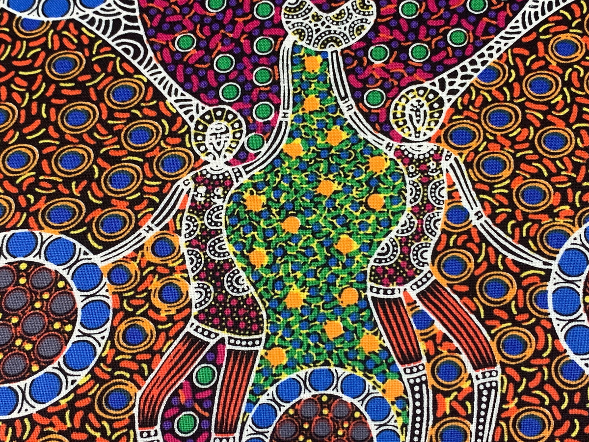 Australian Aboriginal Cotton Quilting Fabric by the YARD. M&S Textiles Women Dancing Near Waterhole. 100% Cotton Aboriginal Art Design Print