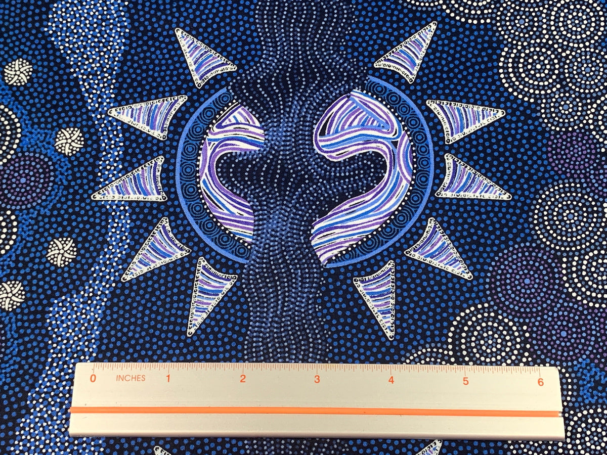 Australian Aboriginal Cotton Quilting Fabric by the YARD.  M&S Textiles Sunset Night Dreaming Blue. 100% Cotton Aboriginal Art Design Print