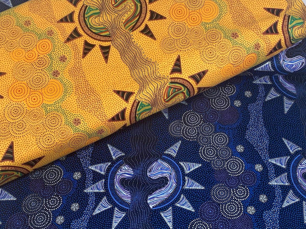 Australian Aboriginal Cotton Quilting Fabric by the YARD.  M&S Textiles Sunset Night Dreaming Gold. 100% Cotton Aboriginal Art Design Print
