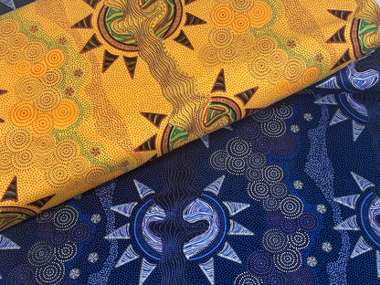 Australian Aboriginal Cotton Quilting Fabric by the YARD.  M&S Textiles Sunset Night Dreaming Gold. 100% Cotton Aboriginal Art Design Print