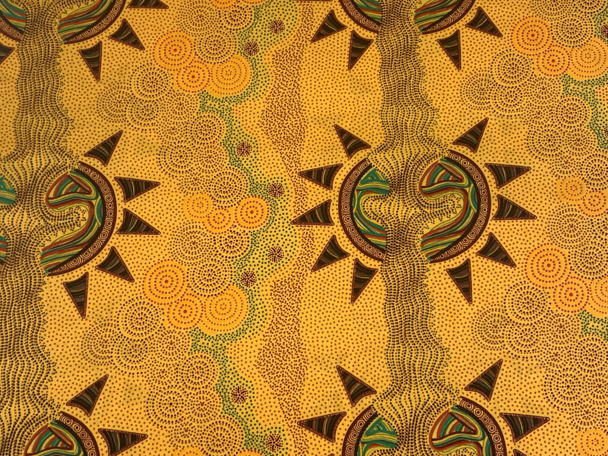 Australian Aboriginal Cotton Quilting Fabric by the YARD.  M&S Textiles Sunset Night Dreaming Gold. 100% Cotton Aboriginal Art Design Print