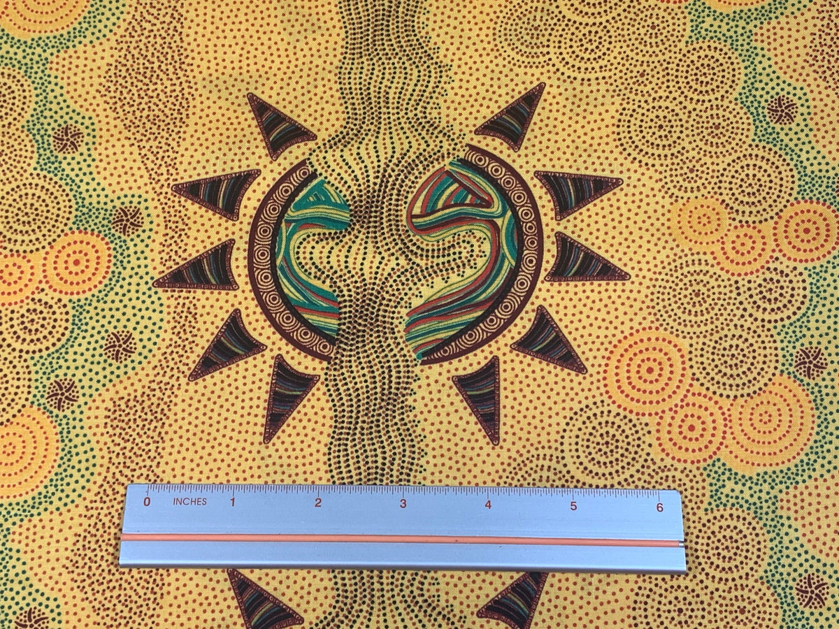 Australian Aboriginal Cotton Quilting Fabric by the YARD.  M&S Textiles Sunset Night Dreaming Gold. 100% Cotton Aboriginal Art Design Print